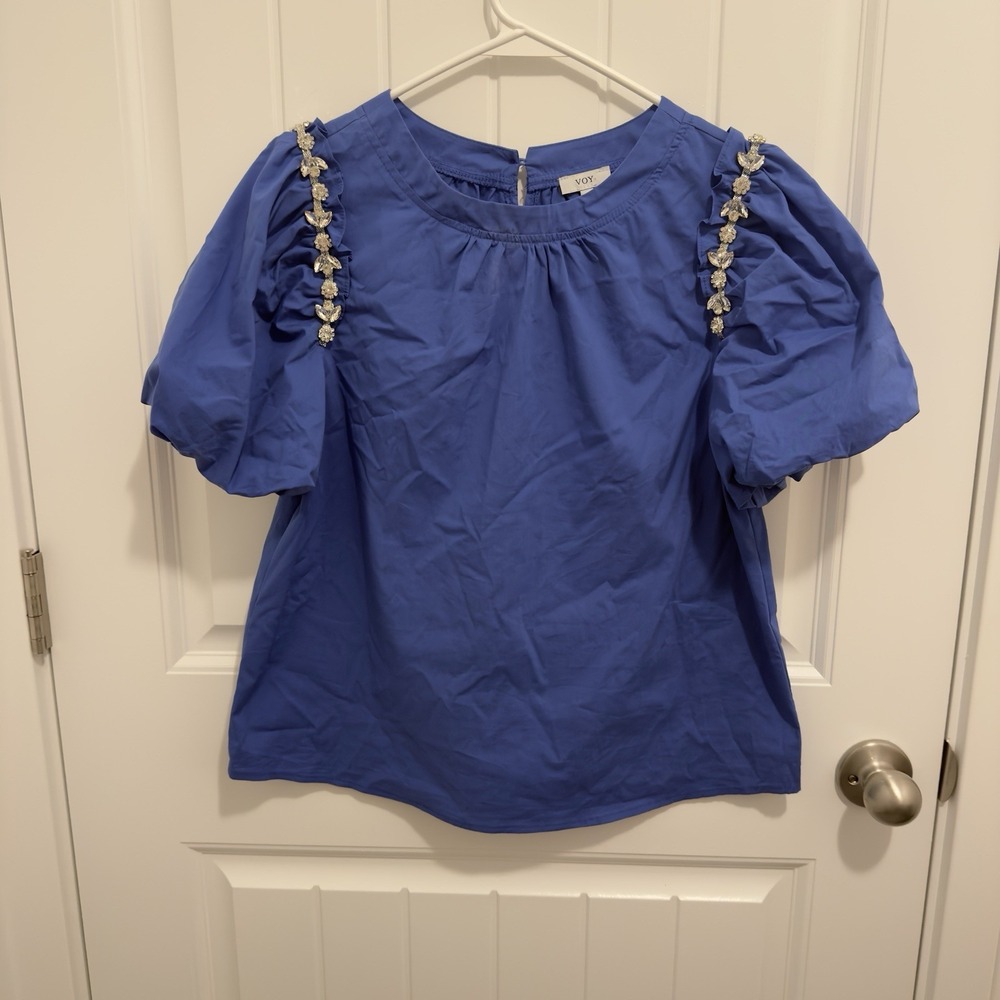 Voy Women's Blue Balloon Sleeve Bright Jewels Blouse Size Small